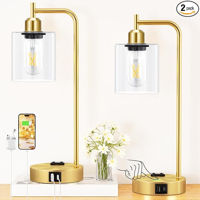 Innqoo Industrial Gold Table Lamp for Bedrooms Set of 2-3-Way Dimmable Desk Lamp with USB C+A Ports and Outlet, Gold Lamps with Clear Glass Shade for Living Room, Desk Lamps for Home Office