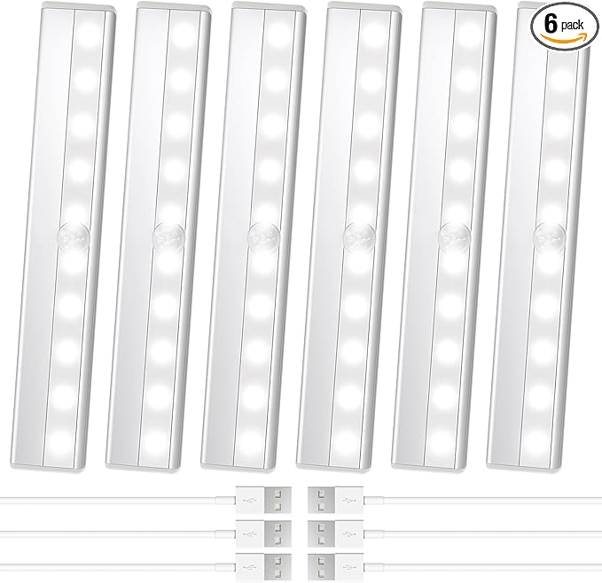 6 Pack Motion Sensor Closet Lights, 10 LED Stick-on Anywhere Magnetic Portable Wireless LED Under Cabinet Lights, Rechargeable Battery Night Light Bar for Closet Kitchen Hallway Stair