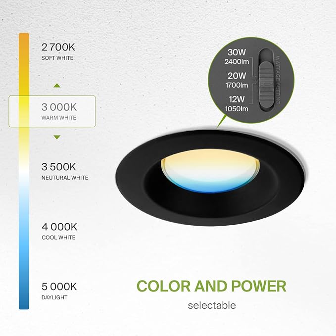 ASD 8 Inch Commercial Canless LED Downlight, Power Adjustable 12/20/30W Lighting, Round Dimmable Recessed Ceiling Light Fixture, 5 Color Temperatures 2700K-5000K, 120-277V IC Rated UL & Energy Star