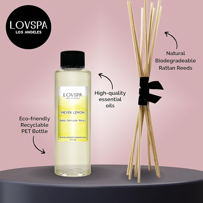 LOVSPA Meyer Lemon Diffuser Oil - Luxury Essential Oils for Diffuser Refill & Air Freshener Room Spray - Long-Lasting & Natural Home Fragrance, Scented Oil for Diffusers, USA Made, 4oz