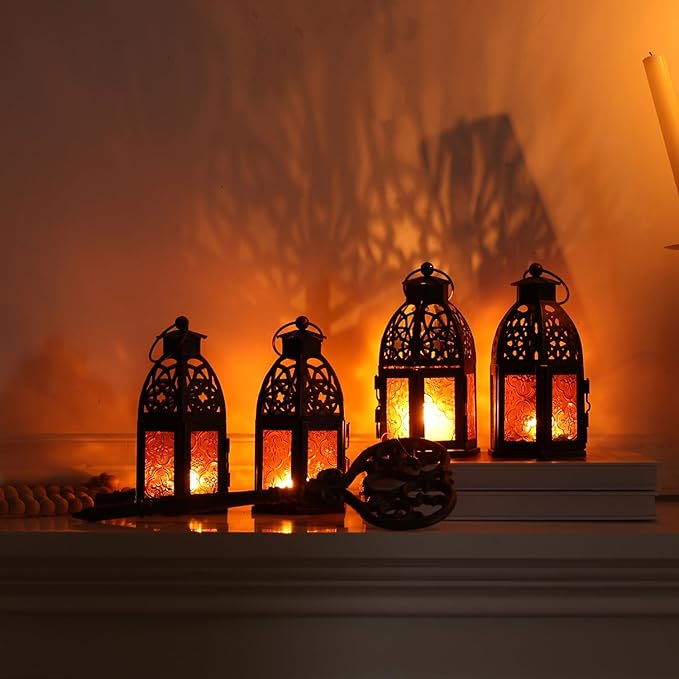 NEEDOMO Set of 4 Moroccan Candle Lantern, 9" Ramadan Lanterns Decorative Indoor Outdoor, Vintage Candle Holder for Chritsmas, Halloween, Table, Patio, Porch, Shelf, Ramadan Decorations (Amber)