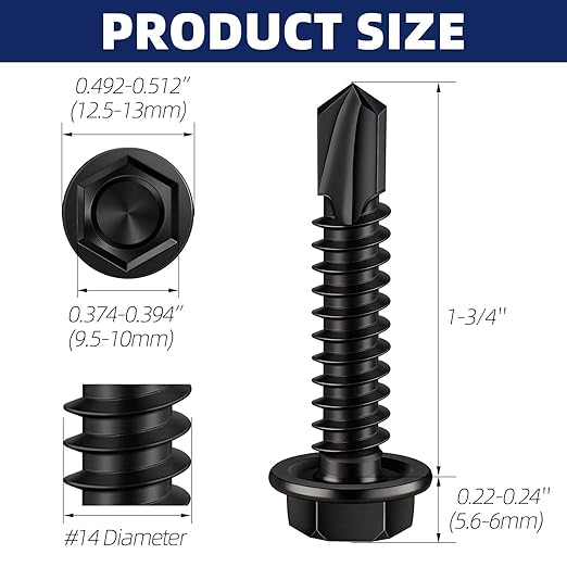 MewuDecor #14 x 1-3/4" (3/4" to 4" Available) Hex Washer Head Self Drilling Sheet Metal Screws with Drill Point, Stainless Steel 410, Black Oxide, 50 PCS