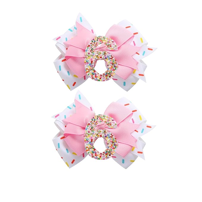 Birthday Hair Clips for Baby Girls - 2Pc Pink Sprinkle Bow Hair Clips for 6th Birthday Glitter Ice Cream Baby Bow Party Decorations for Girls Toddlers Hair Accessories (Pink-6 Years-Clips)
