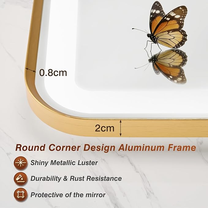 24x32 Inch Gold Framed LED Bathroom Mirror with Lights, Built-in Bluetooth Speaker, Dimmable Lighted Bathroom Vanity Mirror with 3 Colors, Backlit + Frontlit, Memory, Anti-Fog