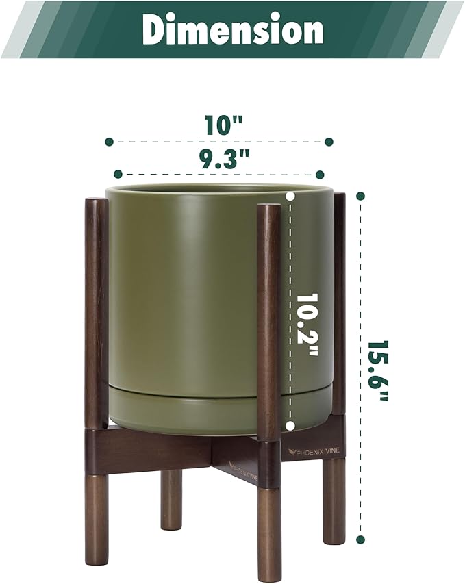 D'vine Dev Ceramic Planter with Walnut Color Stand - 10 Inch Modern Round Flower Pot with Wood Planter Holder, Olive, 55-B-X-J
