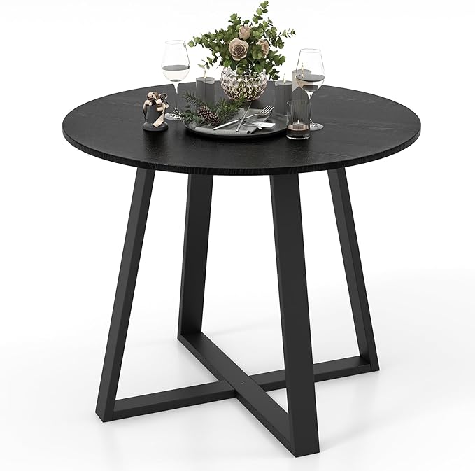 COSTWAY 36 Inch Round Table, Kitchen Table for 4 People with Rubber Wood Frame, Pedestal Base, Farmhouse Rustic Table for Living Room Restaurant, Black