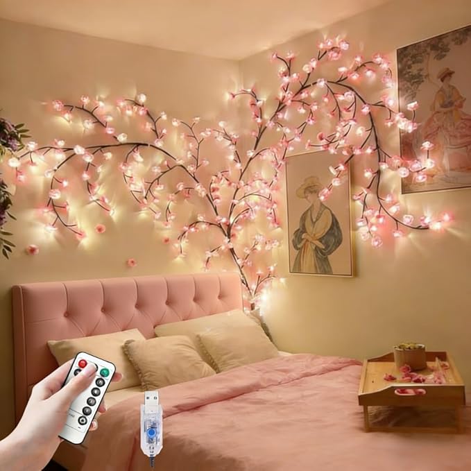 Cherry Blossom Lights for Bedroom Wall Decorations,4 FT 48 LED Cherry Blossom Decor,2026 New Dimmable Light-Up Pink Bedroom Decor with Remote Timer,8 Lighting Modes,Romantic Gifts for Her