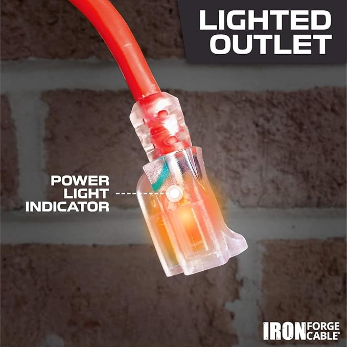 Iron Forge Cable Lighted Outdoor Extension Cord 50 ft - 14 Gauge 15 Amp Heavy Duty Power Extension Cords - SJTW - Great for Major Appliances, Power Tools, Garden Supplies - Red