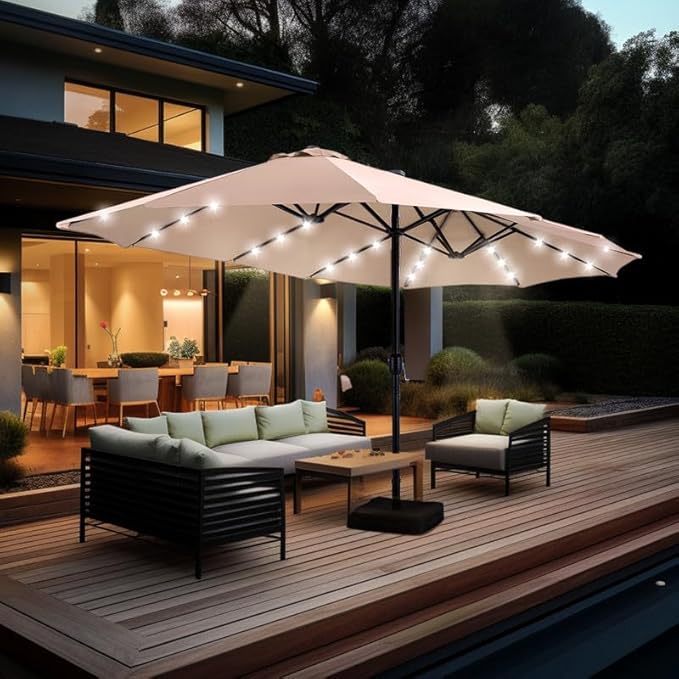 GREEN PARTY 15 ft Rectangle Patio Umbrella with Solar Lights and Base Included, Double-Sided Market Table Umbrella with Crank, Large Outdoor Umbrellas for Patio Poolside Garden Backyard, Beige