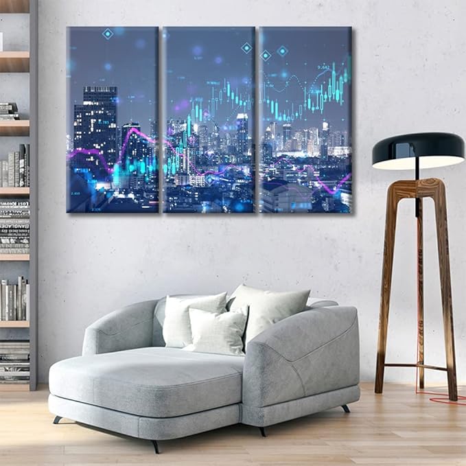 TUMOVO Abstract Virtual Financial Graph Hologram Canvas Paintings Wall Decor 3 Piece Black and White Wall Art Modern Home Decor Framed Ready to Hang (42" Wx28 H)