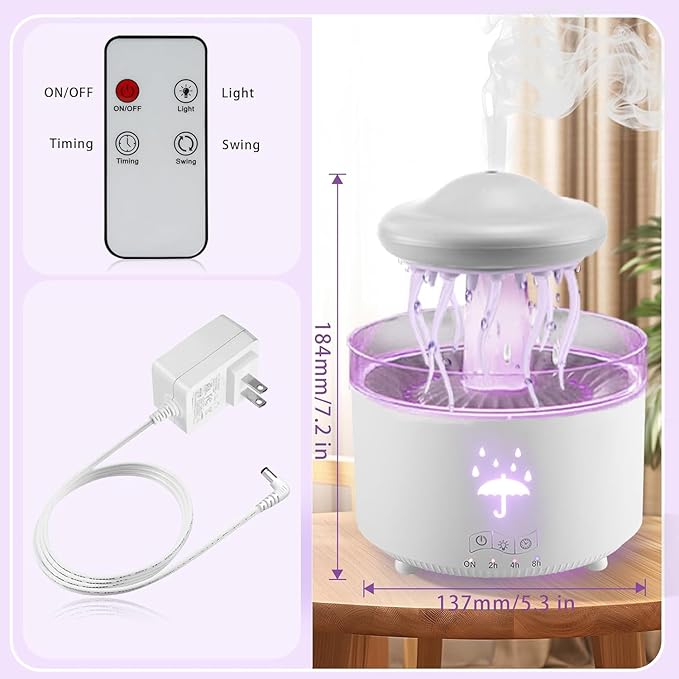 Humidifier with Light, 7-Color Rotating Jellyfish Humidifier with Remote & Timer, 300ML Water Drip Diffuser with Essential Oil Diffuser, Funny Rain Moistener Night Light for Room (White-Jellyfish)