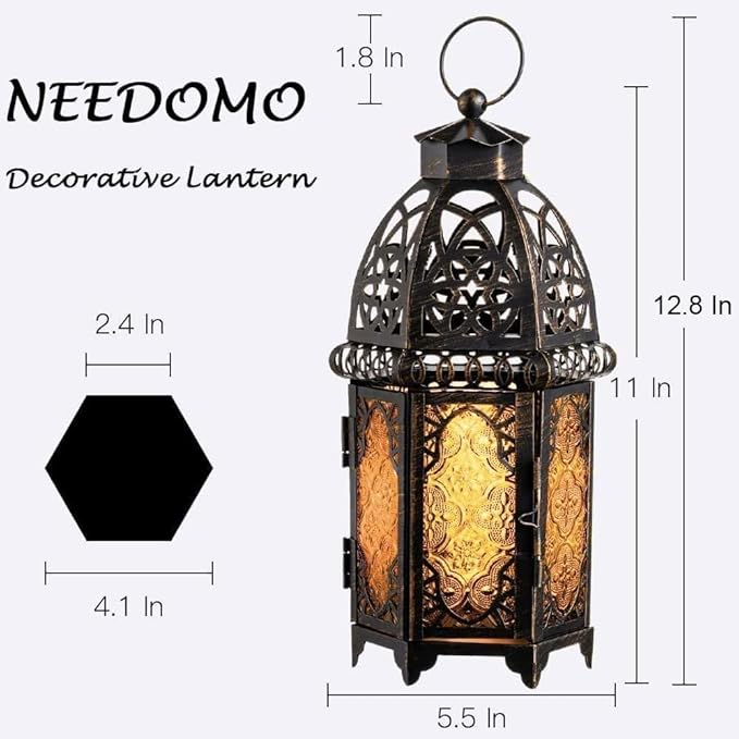 NEEDOMO Set of 2 Hanging Moroccan Lantern, 12.8'' Vintage Candle Holder, Metal Lanterns Decorative Indoor Outdoor, Table, Patio, Porch, Shelf, Ramadan Decorations (Amber)