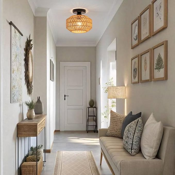 Mini Rattan Boho Ceiling Light Fixture, Small Woven Semi Flush Mount Ceiling Light, Wicker Light Fixture Hallway,Laundry Room, Closet,Nursery E26 1 Light