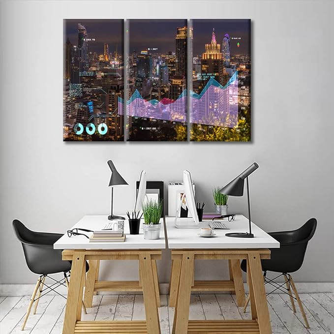 Stock Exchange Market and Investment Finance Stock Graph Chart Price City Building Background Pictures Office Decor Posters and Prints 3 Pieces Modern Home Decor Framed Ready to Hang (42"Wx28"H)
