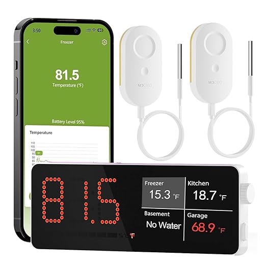 MOCREO WiFi Freezer Thermometer Alarm with Digital Monitor Hub, App and Email Alerts, 2-Year Data Export, No Subscription Fee, 2 Remote Temperature Sensors for Home Refrigerator, Fridge, Freezer