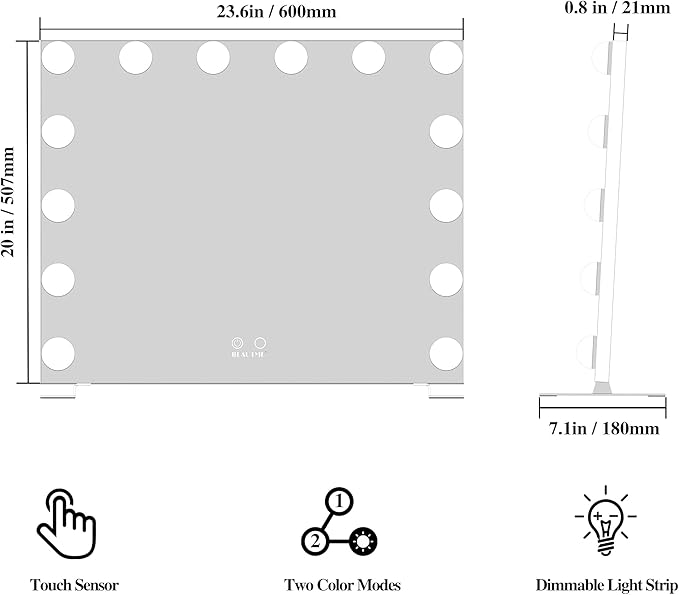 BEAUTME Vanity Mirror with Lights, Hollywood Makeup Mirror with 14pcs Dimmer Bulbs, Smart Touch Control,Tabletop/Wall Mounted for Bedroom, Bathroom, Dressing romm, White 20 x 23.6 Inch