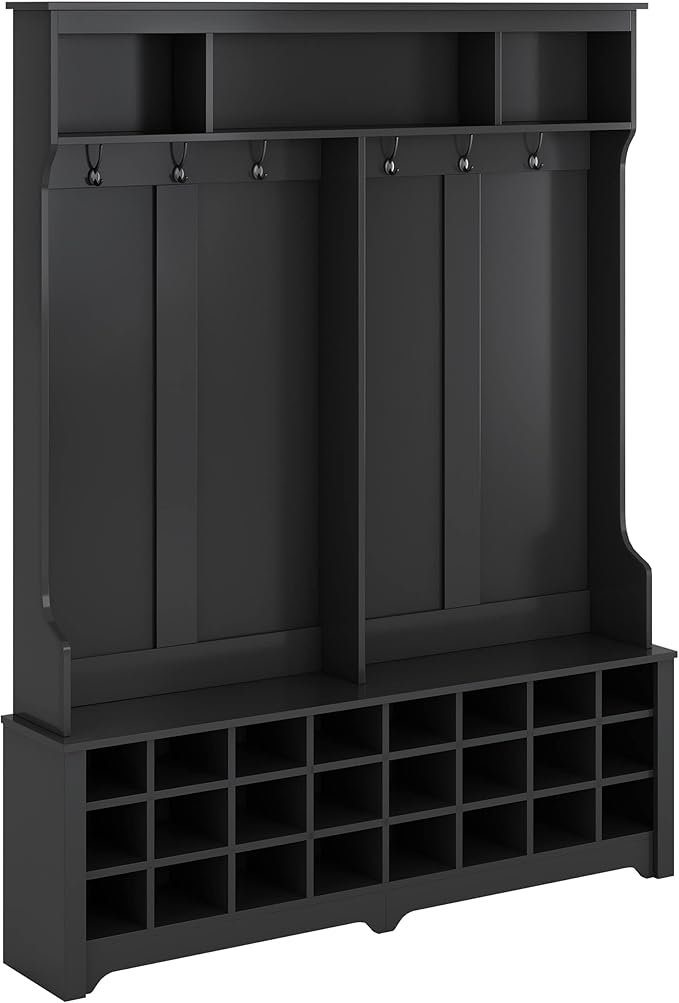 Wide Hallway Coat Rack Hall Tree with Shoe Storage Rack, 24 Cubes 6 Hooks and 3 Top Shelves, Large Storage Bench for Entrance, Enterway (Black)