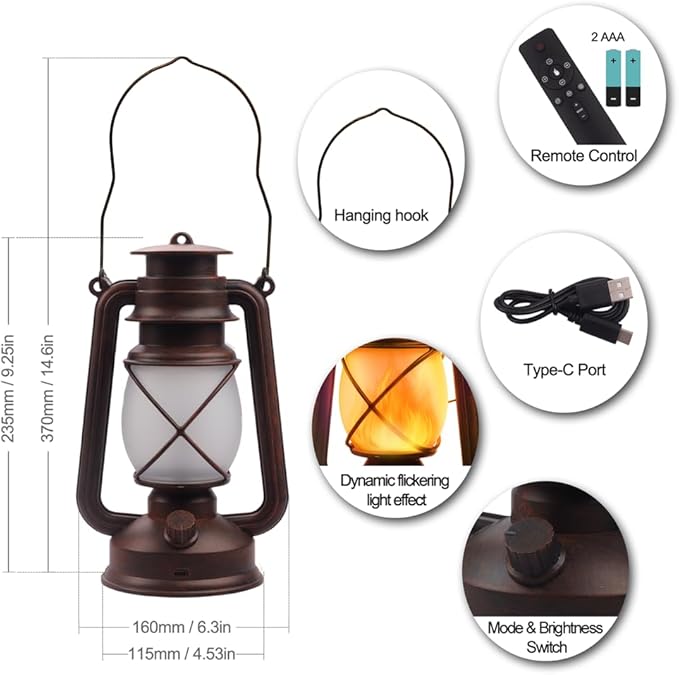 Lantern LED Battery Powered Camping Lamp Outdoor Hanging Rechargeable Lantern Flickering Flame Retro Lanterns Remote Control 4 Modes Light Non-Solar 2 Pack