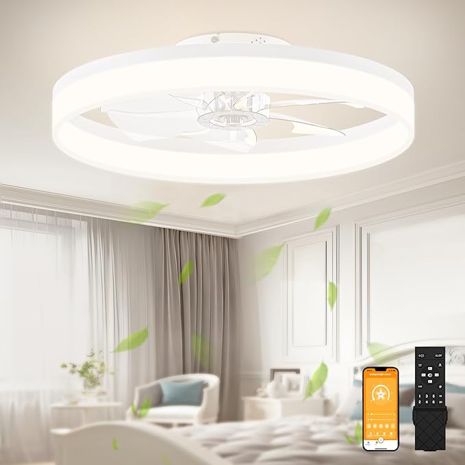VOLISUN Low Profile Bladeless Ceiling Fans with Dimmable LED Light, 23.6in Flush Mount for Bedroom (White)
