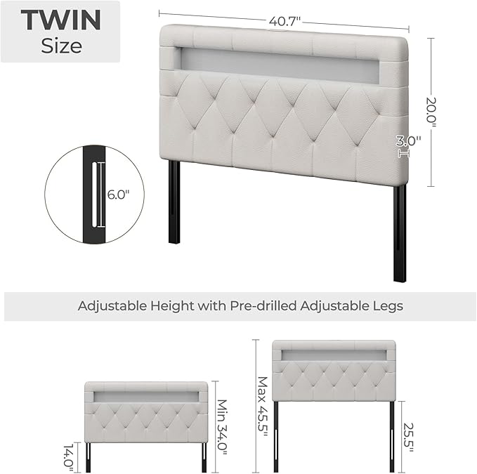 GREENSTELL Headboard for Twin Size Bed with 60,000 DIY Color of LED Light, USB & Type C Post, Attach Frame, Height Adjustable, White Leather Wall Mounted Head Boards Only, Sturdy & Stable, Twin