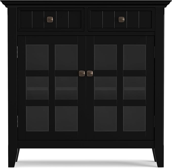 SIMPLIHOME Acadian Solid Wood 36 inch Wide Small Storage Bench and 36 inch Wide Storage Cabinet in Black for the Living Room, Entryway, and Family Room, Transitional Style