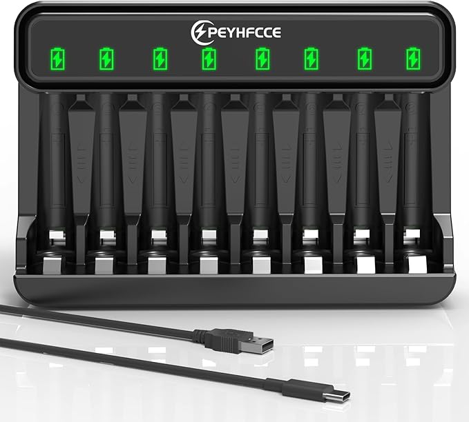 PEYHFCCE AA AAA 8 Bay Battery Charger with High-Speed Charging, Independent Slot for 1.2V Ni-MH Rechargeable Batteries