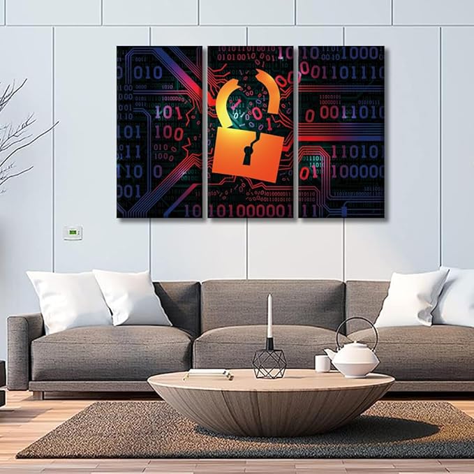 LSIUHWUWI 3 Panel Wall Art for Living Room, Hacking Firewall Hacked with Binary Code Picture Prints on Canvas for Living Room Bedroom Wall Decoration Wooden Framed Ready to Hang, 20x40inchx3