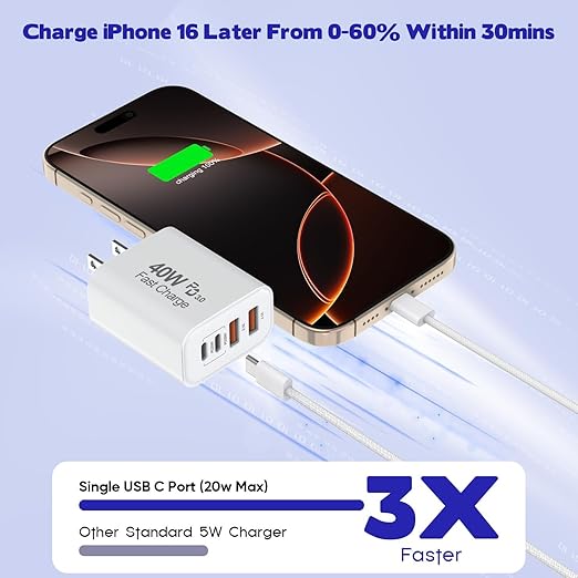 2Pack iPhone 17 16 15 Pro Max Fast Charging Block,6FT USB C to C Woven Cable Cord 40W USB C Apple Charger 4 Port PD&AC Charger Block Fast Charging for iPhone 17 Air/16e/17/16 /15 Plus/Pro/Pro Max/iPad