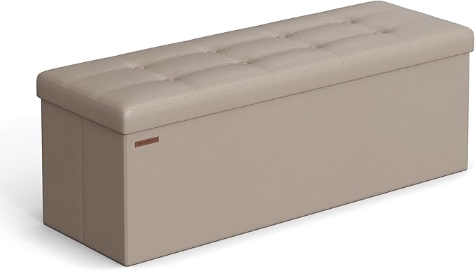 SONGMICS Mazie Collection - 43 Inches Folding Storage Ottoman Bench, Ottoman with Storage, Foot Rest Stool, Load 660 lb, for Living Room, Synthetic Leather, Camel Brown ULSF070K03