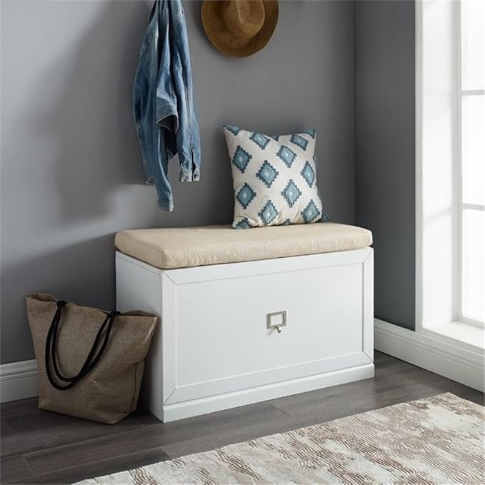 BOWERY HILL Modern Wood Entryway Bench, 20.5" H x 33" W x 16.5" D, White/Tan Finish, Linen Seat Cushion, Large Storage Drawer, Modular Design, Living Room or Entryway Furniture