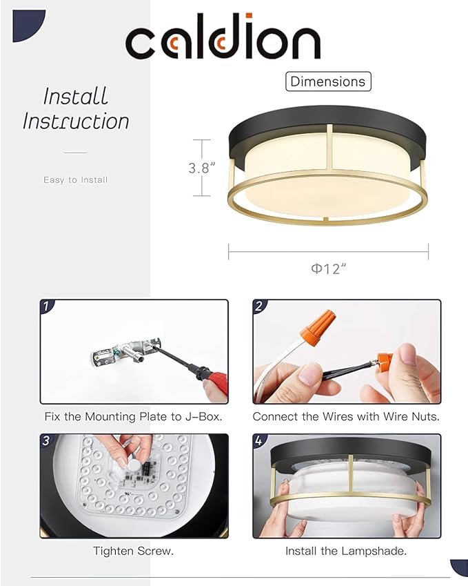 CALDION LED Modern Ceiling Light Fixture, 12 Inch 24W 1100Lumens Flush Mount Ceiling Lamp, Dimmable 3000K Matte Black Finish Gold Metal Frame with Frosted Glass Cover Close to Ceiling Light