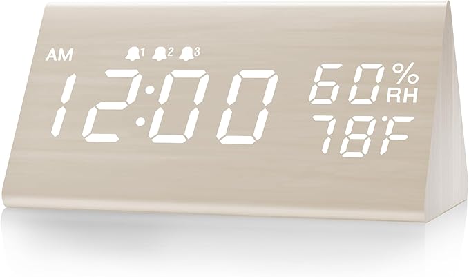 Digital Alarm Clock, with Wooden Electronic LED Time Display, 3 Alarm Settings, Humidity & Temperature Detect, Wood Made Electric Clocks for Bedroom, Bedside (White)