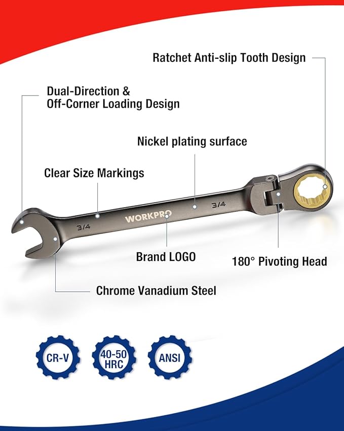 WORKPRO 8-piece Flex-Head Ratcheting Combination Wrench Set, SAE 5/16-3/4 in, 72-Teeth, CR-V Constructed, Nickel Plating with Organizer Bag