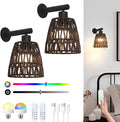 Boho Battery Operated Wall Sconce Set of 2, Brown Rattan Rechargeable Wall Lights with Dimmable Bulbs and Remote,15 Colors Wireless Wall Lamps for Bedroom Living Room Hallway Decor