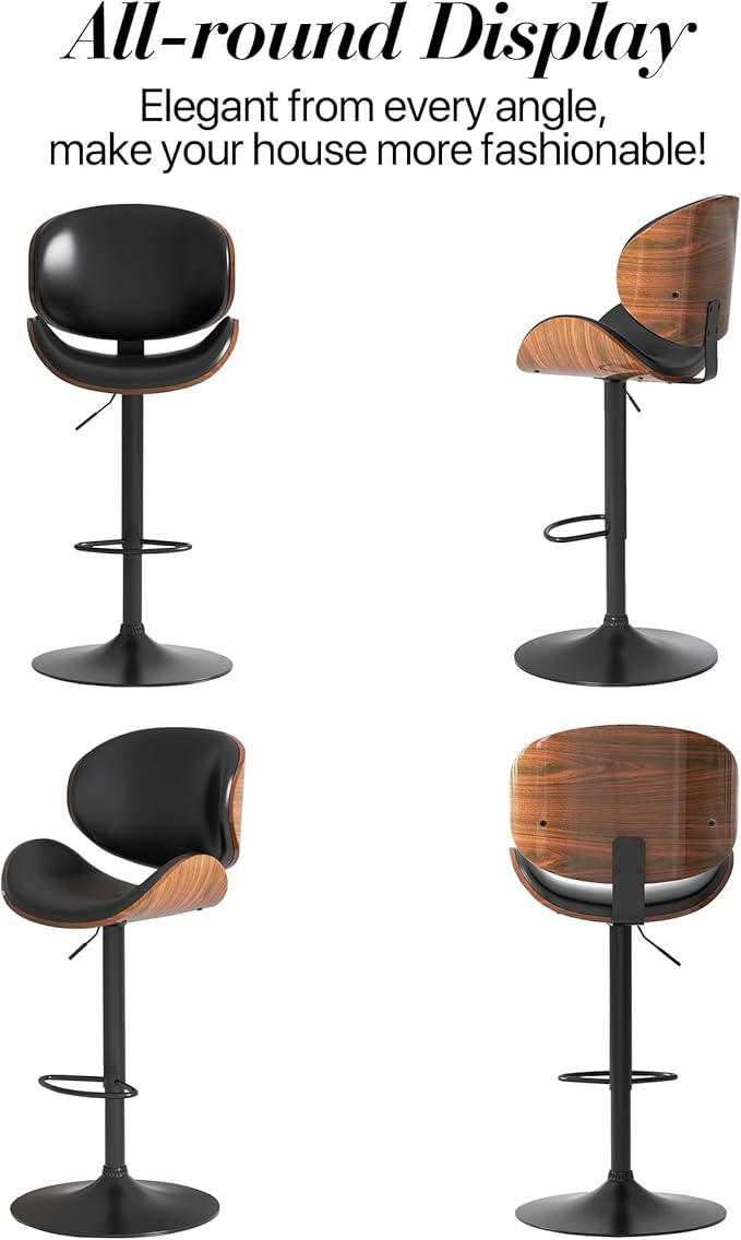 Adjustable Swivel Bar Stools 1 PC, Modern Bentwood Barstool with Large Metal Base and Footrest, PU Leather Upholstered Bar Chair with Curved Back for Kitchen Island Dining Room, Black