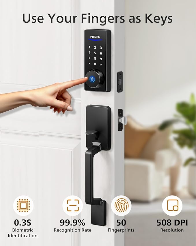 Philips Wi-Fi Smart Lock with Handle, Keyless Entry Keypad Door Lock with Handle, Front Door Deadbolt Set with WiFi Gateway, App Control, Fingerprint Unlock, PIN Code Unlock, Auto Locking