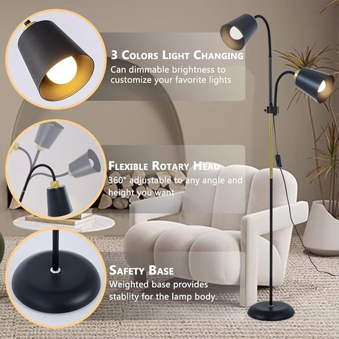 AoMck Floor Reading Lamp, Industrial Metal Floor Lamps for Living Room with Adjustable Bendable, 2 in 1 Reading Table Lamps for Living Room Bedroom Office, 12W Bulb Included (Black-2 Heads)