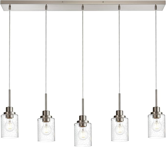 Lighting Contemporary Brushed Nickel Linear Chandelier Pendant Light 5 Lights Clear Seeded Glass Farmhouse Pendant Lighting Modern Dining Room Light Fixture for Living Room Kitchen Island