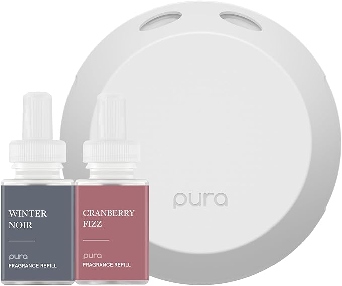 Pura - Smart Home Fragrance Device Starter Set - Pura 4 - Scent Diffuser for Home - Includes Fragrance Aroma Diffuser - Square Box, Winter Noir and Cranberry Fizz Scent Refills
