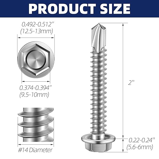 MewuDecor #14 x 2 (3/4" to 3" Available) Hex Washer Head Self Drilling Sheet Metal Screws with Drill Point, Stainless Steel 410, 50 PCS
