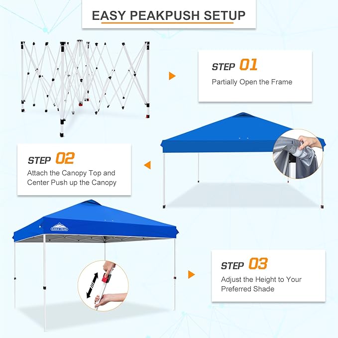 EAGLE PEAK Pop Up Canopy Tent with Wheeled Carry Bag, 8 Stakes, 4 Ropes, 4 Weight Bags, Easy Set Up Tent Canopy, 12x12 ft, 144sqft of Shade, Blue