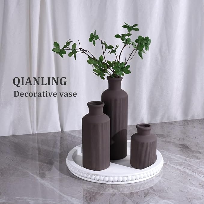 Brown Ceramic Vases Set - 3 Brown Small Vase, Farmhouse Country Vases Home Decor, Living Room Decoration, Table Decoration, Fireplace Decor, and Entrance Decorations Centerpieces