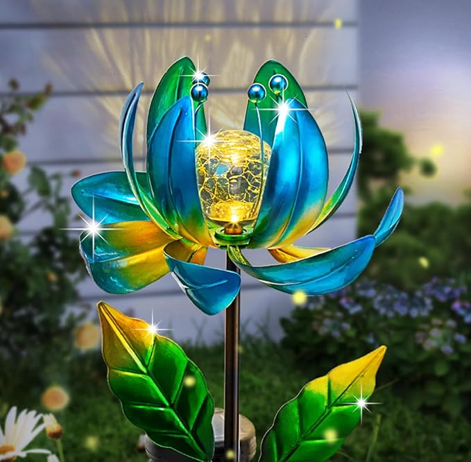 Solar Yard Lights Wind Spinners- Metal Lotus Flower Garden Decor LED Crackle Glass Globe Yard Art Sculpture Solar Stake Lights for Patio Pathway Lawn Walkway