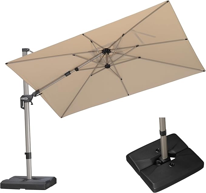 PURPLE LEAF 10' X 6.5' Left-right Tilting Patio Umbrella with Base Outdoor Swivel Cantilever Offset Aluminum Umbrella with Champagne Frame and 360-degree Rotation for Garden Deck Pool, Beige