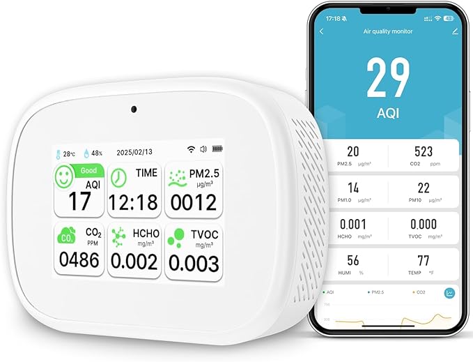 18-in-1 Smart Air Quality Monitor - Indoor WiFi Air Quality Detector with Dual Chip, Real-Time for AQI, CO2, PM2.5, PM1.0, PM10, TVOC, HCHO, Time, Temperature & Humidity with APP (White-White)