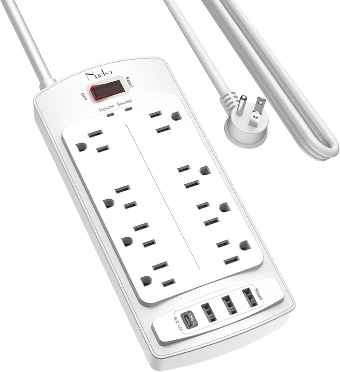 Surge Protector Power Strip - Nuetsa Flat Plug Extension Cord with 8 Outlets and 4 USB Ports, 10 Feet Power Cord (1625W/13A), 2700 Joules, ETL Listed, White