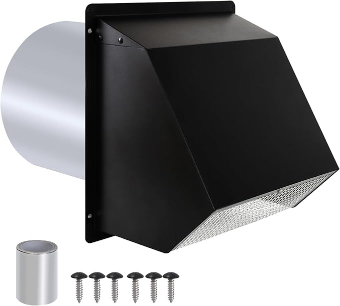 10 Inch Hooded Wall Vent with Screen and Damper,Outdoor Wall Exhaust Vent Cover Cap for Kitchen Range Hood HVAC Duct Dryer Ventilation&Outside Exterior Mount,Galvanized Steel,Black