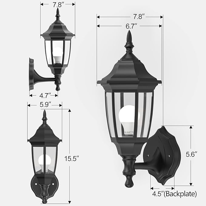 EMART Plastic Outdoor Wall Light Fixtures with Bulbs, Waterproof and Anti-Corrosion Porch Sconces, Exterior Lanterns Wall Mount Lamp for Outside, Garage, Front Door, House, Patio, 2 Pack, Black