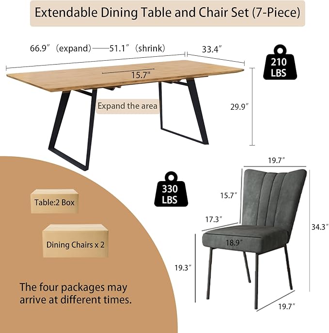 ZckyCine 7-Piece Dining Set, 51"-67" Expandable Mid-Century Modern Table with 6 Chairs, Leather Seat & Backrest, Metal Frame, Oak/Black for Dining Room/Home
