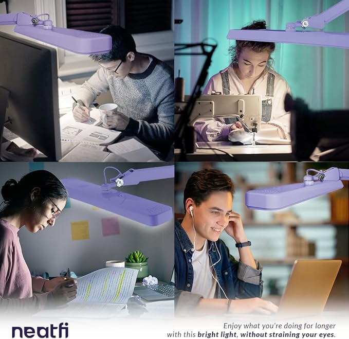 Neatfi XL 2,500 Lumens LED Task Lamp, 22 Inches Wide, 30W, 162 Pcs SMD LED, Eye-Caring, Desk Light with Clamp for Home, Office, and Study Room (Non-CCT, Lavender)